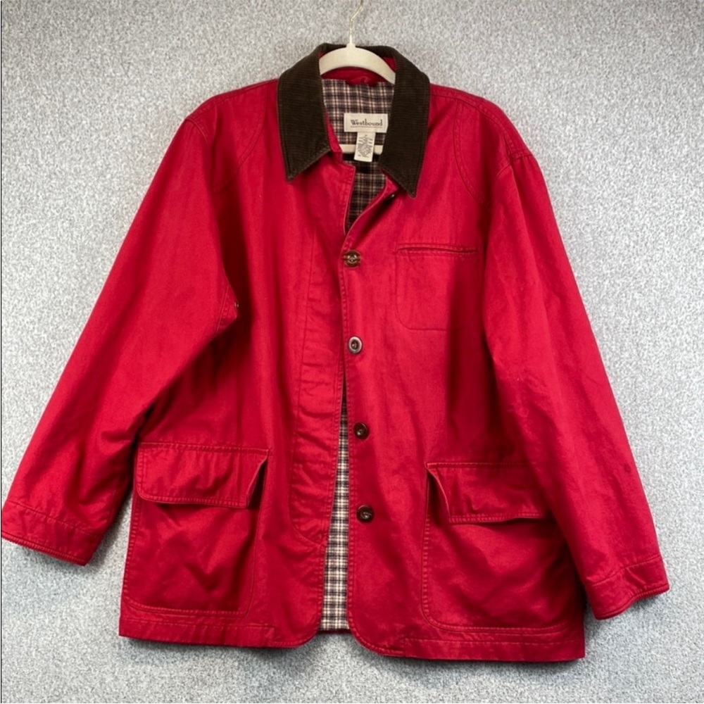 Vtg chore coat red M flannel lining corduroy collar Y2K grunge preppy retro